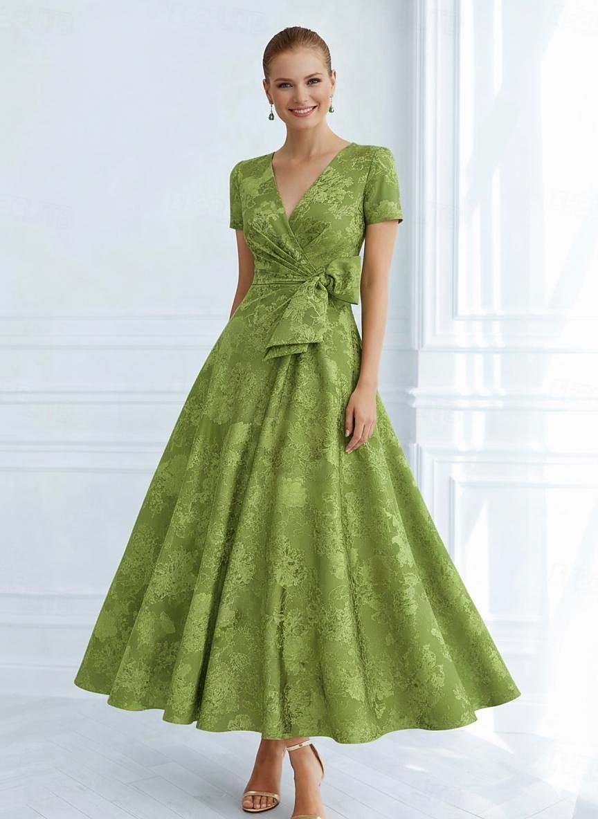 Linia -A Lungime Gleznă Rochii de cocktail Elegant Epocă Floral Manșon scurt În V Oficial Buzunar Jaquard Glugă la Spate cu Arc Pliuri 2026 - $143.99 –P1