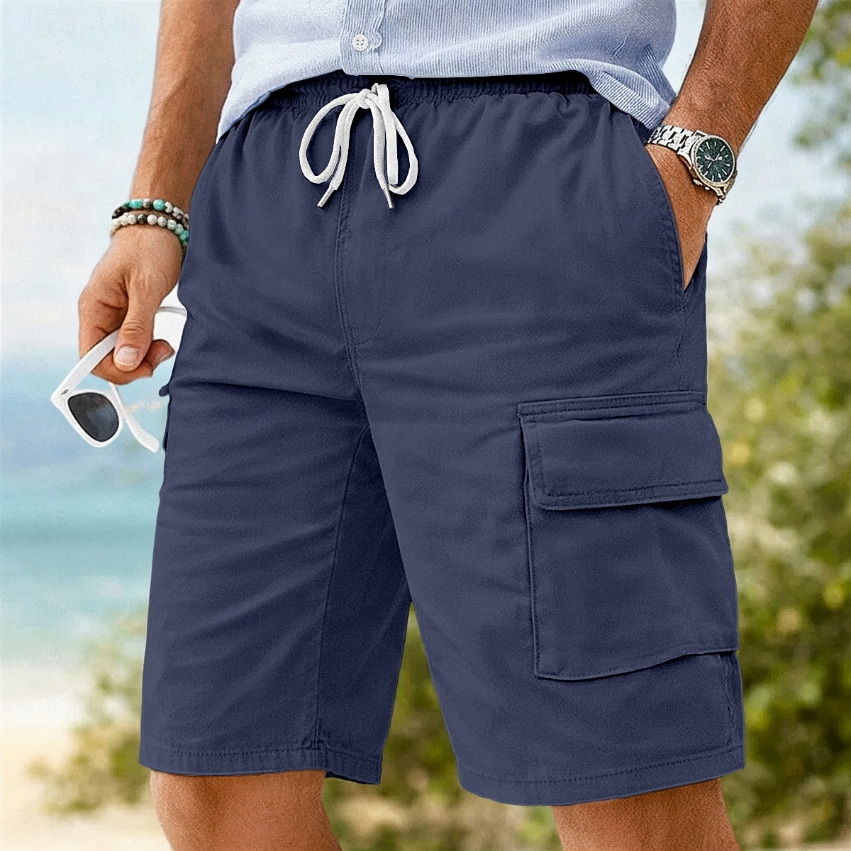 Homme Shorts cargo Shorts Shorts en Lin Shorts d'été Shorts de plage Cordon de serrage Taille Élastique Uni Confort Respirant Longueur Genou Quotidien Extérieur Plage Vacances Mode Noir bleu marine de 2026 ? $24.99 –P7