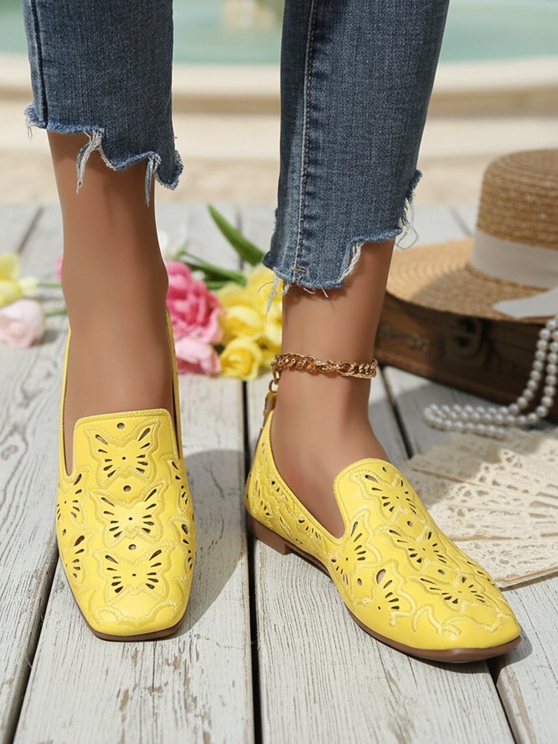 Dámské žluté ploché boty s výřezem – prodyšný perforovaný design, mokasíny ve vintage stylu na jaro a léto, na chůzi, cestování, volný čas a každodenní outfity 2026 - $26.99 –P2