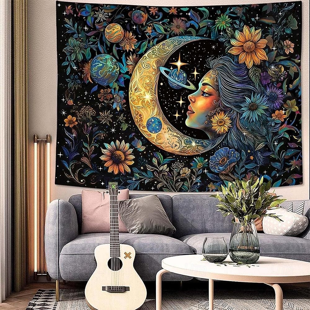 Gobelín slunce a měsíc na zeď, nebeské květiny, slunečnice, růže, boho hippie nástěnné umění do ložnice, obývacího pokoje, jógy, meditační dekorace 2026 - $19.99 –P9