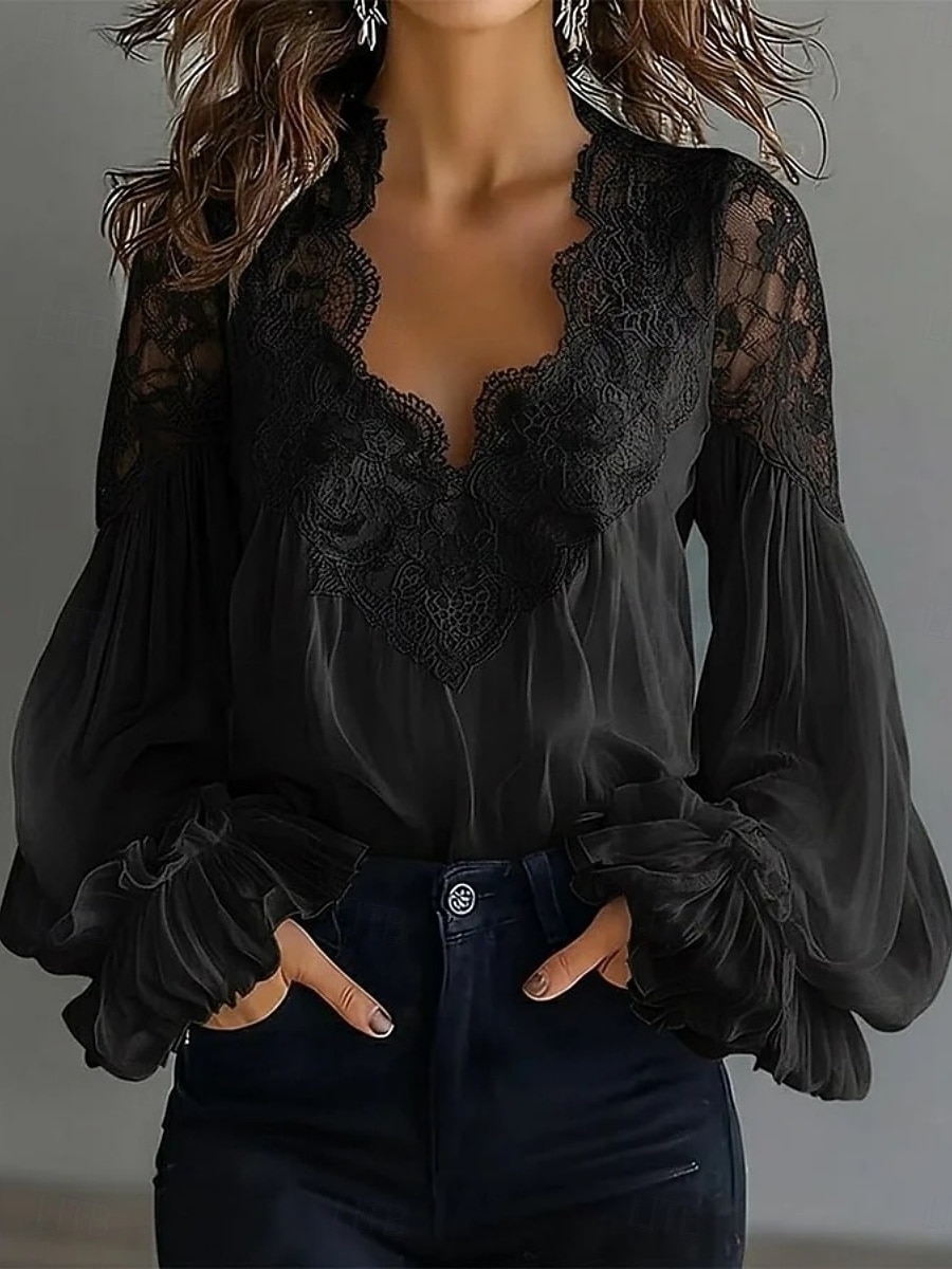 Dames Kanten overhemd Blouse Kant Lapwerk Effen Kleur Elegant Stijlvol Basic Lange mouw V-hals Normale tops Dagelijks Uitgaan Zwart Wit Zomer Lente Herfst 2026 - $36.99 –P5