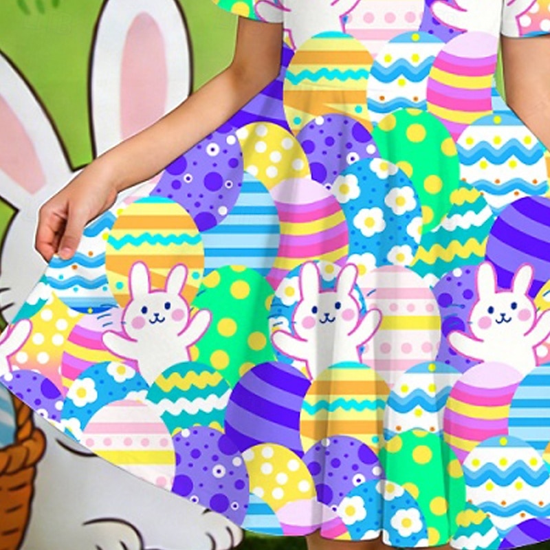 Velikonoce Girls ' 3D Grafika Králíček Šaty Krátký rukáv 3D tisk Léto Jaro Denní Dovolená Párty Roztomilý Základní Na běžné nošení Děti 4-12 let Volnočasové šaty Áčkové šaty Délka ke kolenům Běžný 2026 - $19.99 –P3