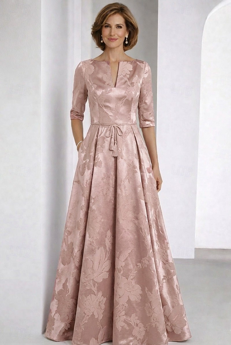 Corte A Hasta el Suelo Vestido Invitada Boda Vestido formal Vestido de la Llamarada Vestido de Madrina Media Manga Escote en Pico Elegante Vintage Formal Jacquard con Lazo(s) 2026 - $185.3 –P1