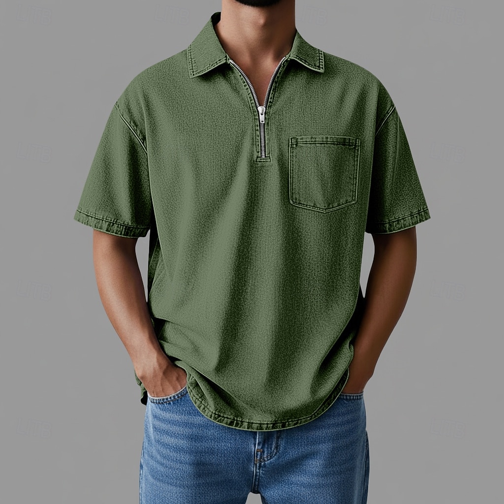 Polo de cremallera SoftFade™ Camiseta de Algodón para Hombre Ropa diaria Cita Media cremallera Manga corta Moda Básica Lisa Bolsillo con cremallera Primavera y Verano Ajuste regular Negro Rosa Marrón 2026 - $35.99 –P6