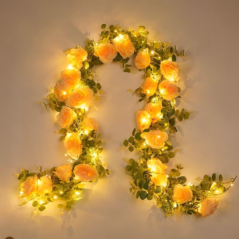 Mesterséges Rózsa Hajlék Füzér Fények 2m 20LED Akkumulátoros 8 Szimulált Virággal és Zöld Növényekkel Esküvőkön Születésnapokon Otthon Hálószobában Erkélyen és Kertben Dekorációhoz 2026 - $35.99 –P4