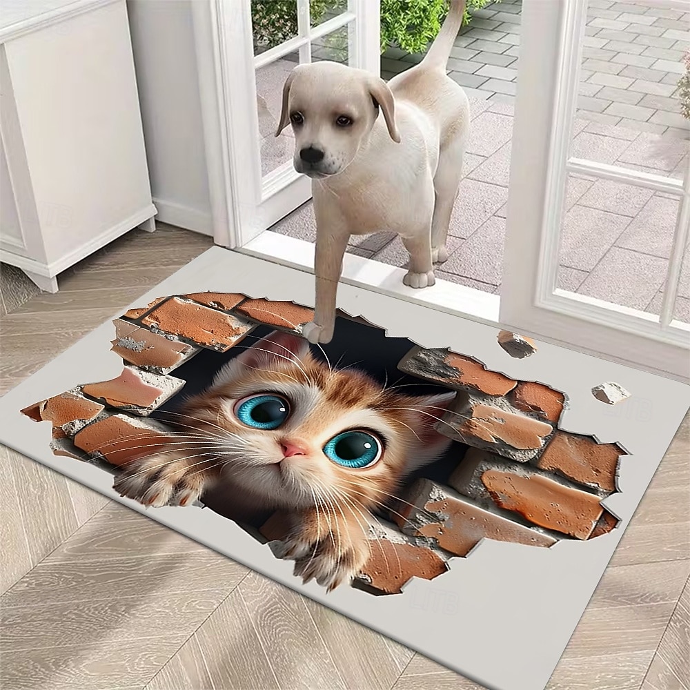 Felpudo con ilusión 3D de gatito, impresión 2D de un gato asomándose a través de una pared de ladrillos para una entrada divertida y original, perfecta para los amantes de los gatos. 2026 - $17.99 –P3