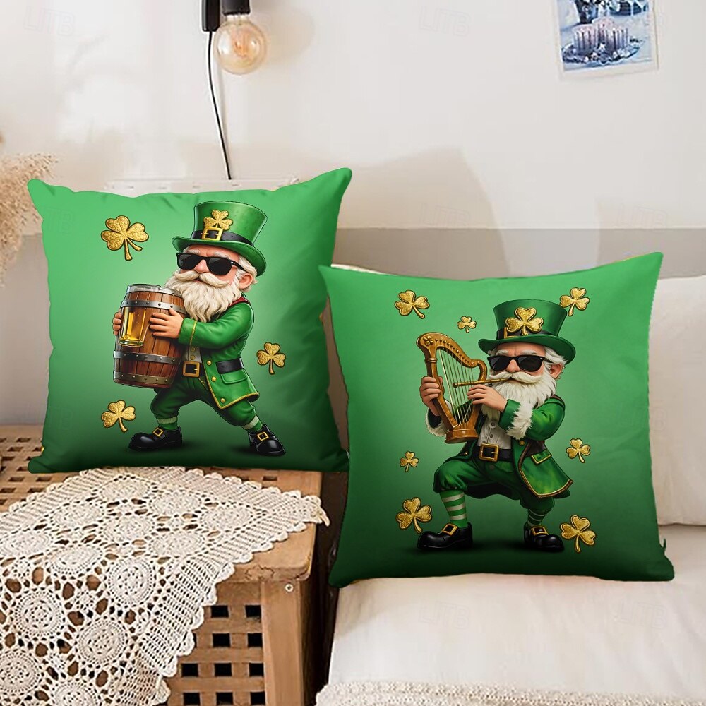 Szent Patrik-napi lóhere manó sör díszpárnahuzat 45x45 cm, vintage retro zöld 3D nyomtatott dekoratív párnahuzat 2026 - $10.99 –P2