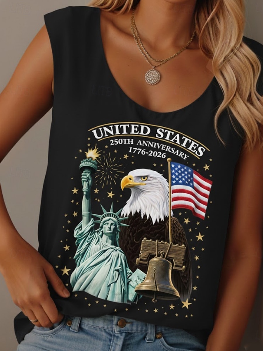 Unabhängigkeitstag Amerikanisches Jubiläum Patriotisches Damen T-Shirt Grafik Flagge Flagge Legere Ärmellos Rundhals Reguläre Tops Täglicher Druck Blau Schwarz Weiß Rot Sommer Frühling Betrunken 2026 - $19.99 –P7