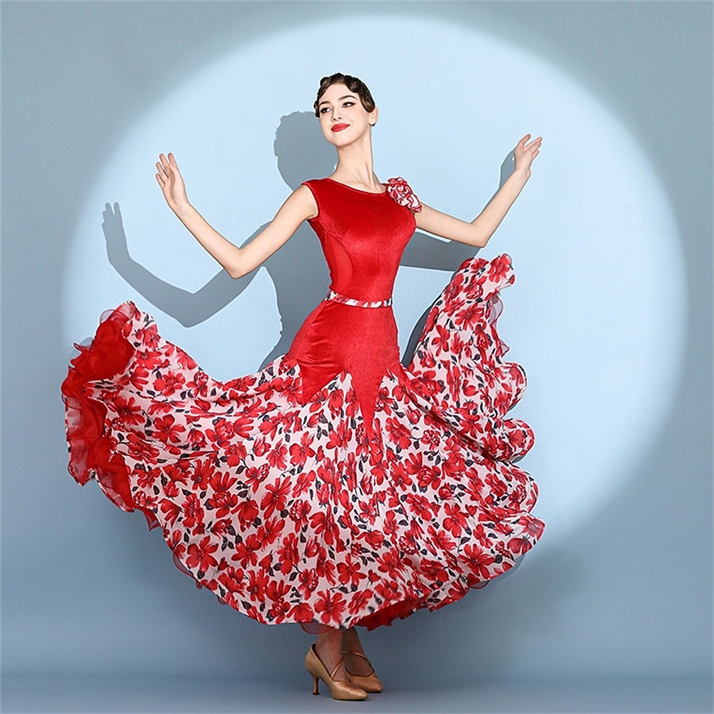 Robe de bal rouge en velours pour femme, sans manches, à imprimé floral, jupe ample, style valse, tango, moderne, standard, compétition. de 2026 ? $154.99 –P3