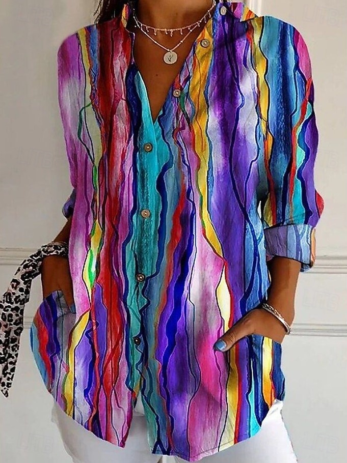 Жен. Рубашка Блуза Пэчворк Пуговицы С принтом Графика Геометрический принт В клетку Винтаж тропический Повседневные Длинный рукав Рубашечный воротник Обычные топы Повседневные 2026 - $32.99 –P4