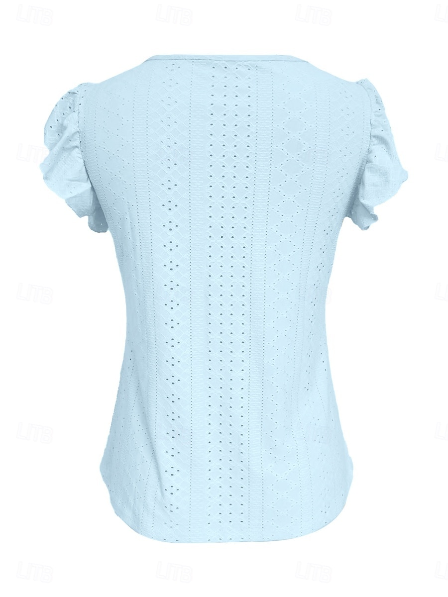 Mulheres Camiseta T-shirt Frufru Ilhó Botões Tecido Moda à moda Clássico Manga Curta Decote V Tops regulares Diário Para Noite Final de semana Branco Amarelo Rosa Azul Céu Verde Verão Primavera de 2026 por $21.99 –P8