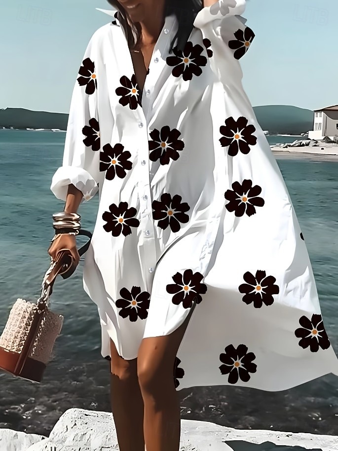 Pentru femei Rochii Midi Rochii Tip Cămașă Rochie casual Rochie de vară Elegant Vacanță Tropical Plajă Potrivire Largă Floral Manșon Lung Guler Cămașă Albastru piscină Negru Alb Vară Primăvară 2026 - $45.99 –P3