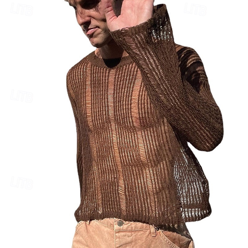 Men's Knit Tee Tee Top Long Sleeve Crew Neck Summer Solid Color Daily Casual Street Style Mesh Knitting Casual Outdoor Street Dark Brown Top Tee for Men 2026 - $26.99 –P2