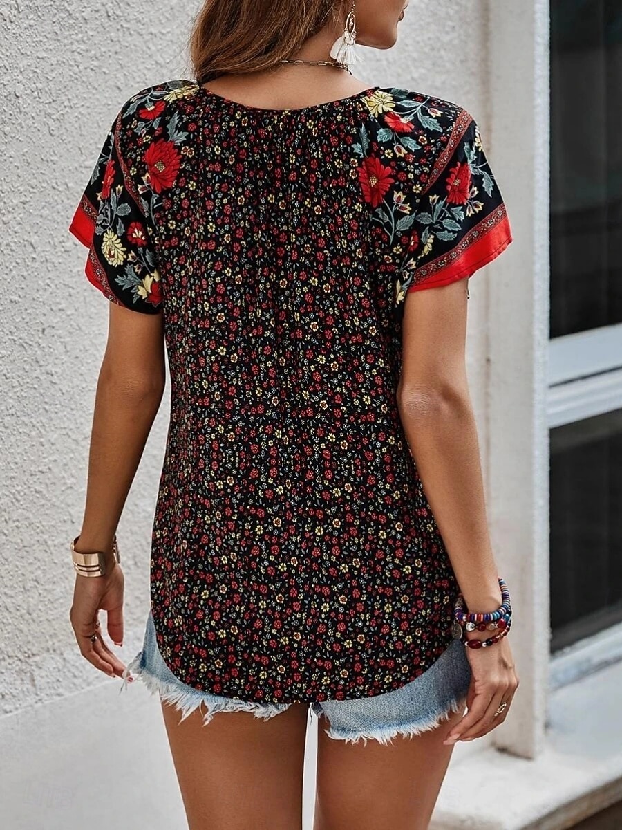 Damen Bluse Druck Blumen Bohemien Vintage Lässig Kurzarm V Ausschnitt Normale Oberteile Täglich Ferien Ausgehen Blau Rote Braun Aprikose Sommer Frühling 2026 - $27.99 –P15