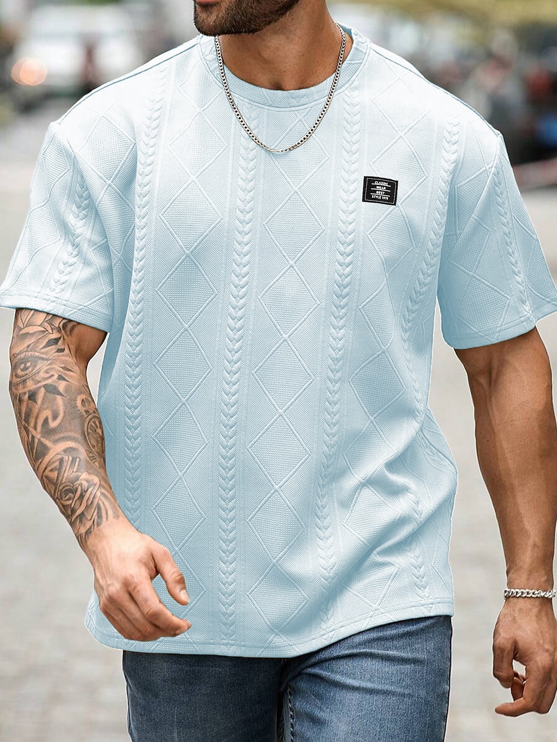 Herren T Shirt T-Shirt Kurzarm Rundhalsausschnitt Sommer Frühling Frühling & Sommer Einfarbig Geometrisch Texture Streetwear Stilvoll Lässig Jacquard Lässig Täglich Outdoor Weiß Schwarz Rosa Top 2026 - $20.99 –P6