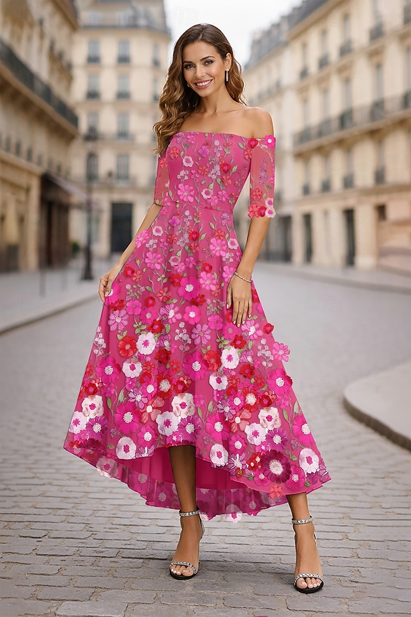 А-силуэт Ниже колена коктейльные платья Элегантный стиль Стиль знаменитостей Асимметричный крой Рукав до локтя С открытыми плечами Вечеринка в саду Свадьба Кружева с Вышивка Аппликации 2026 - $196.99 –P4