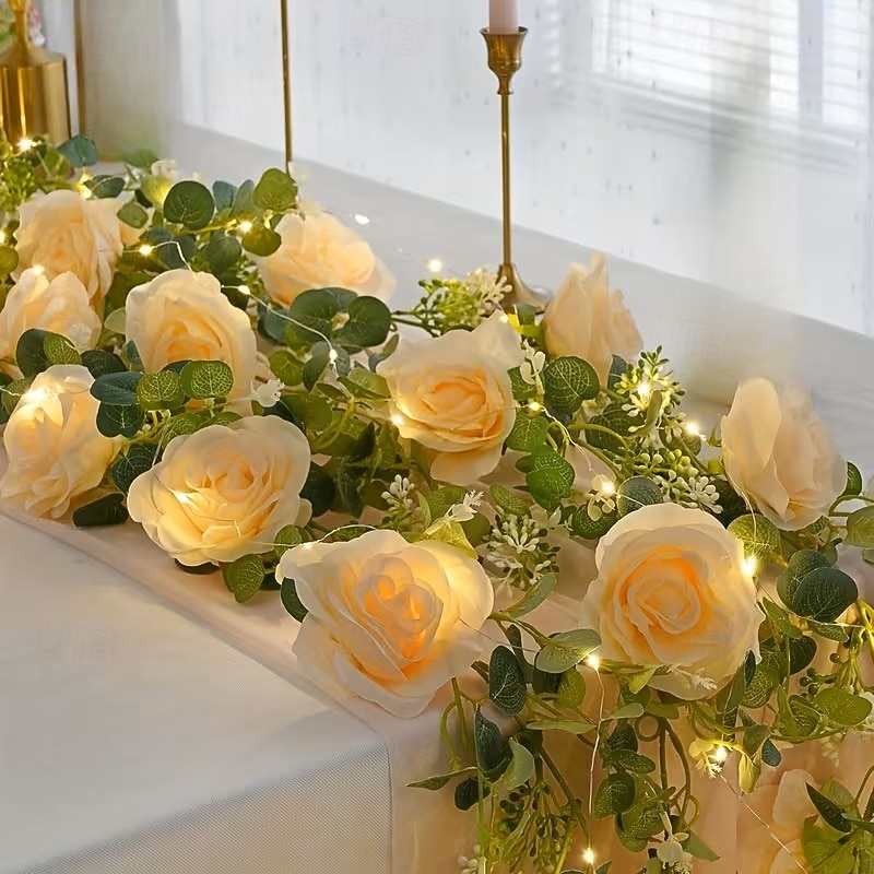 Mesterséges Rózsa Hajlék Füzér Fények 2m 20LED Akkumulátoros 8 Szimulált Virággal és Zöld Növényekkel Esküvőkön Születésnapokon Otthon Hálószobában Erkélyen és Kertben Dekorációhoz 2026 - $35.99 –P3