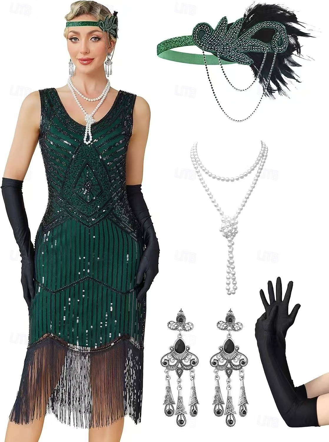Conjunto Loucos anos 20 Anos 20 Até os Joelhos Vestidos Vestido melindroso Roupa com acessórios Sem Mangas O Grande Gatsby charleston Paetês Franjas Pena Decote V Fantasia Mulheres Carnaval Ano Novo de 2026 por $69.99 –P7