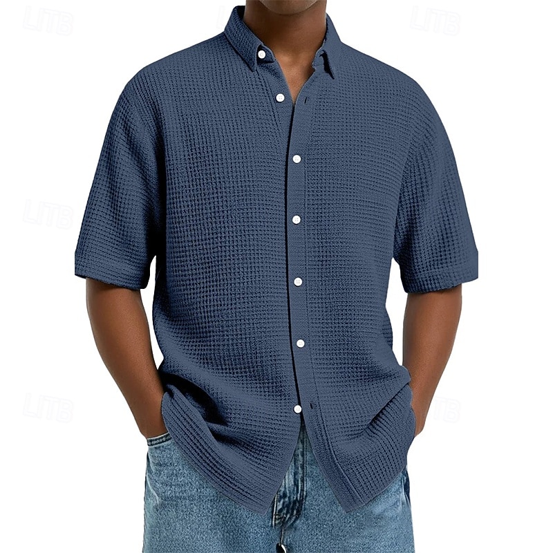 Homens Camisa Social Camisa Waffle Textura Camisa casual camisa de botão Vinho Azul Marinha Manga Curta Tecido Lapela Diário Streetwear Roupa Moda Moderno Casual Confortável de 2026 por $22.99 –P9