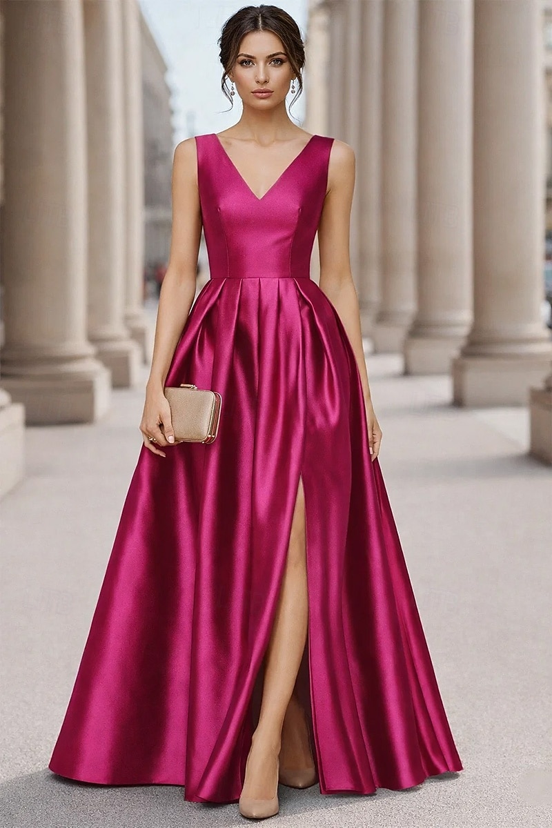 Linea ad A Lunghezza al pavimento Abito da Sera Elegante Quotidiano Senza Maniche Scollo a V Matrimonio Formale Taffetà con Pieghe Spacco del 2026 a $171.99 –P4