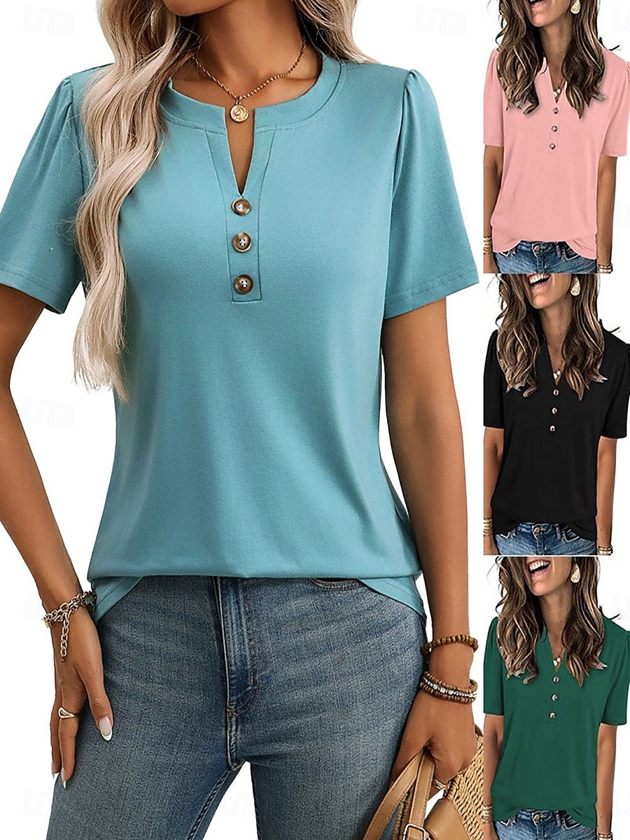 Damen Bluse Patchwork Einfach Stilvoll Modern Lässig Kurzarm Rundhalsausschnitt Normale Oberteile Täglich Ferien Ausgehen Wedgewood Schwarz Weiß Rosa Grün Sommer Frühling 2026 - $21.99 –P1