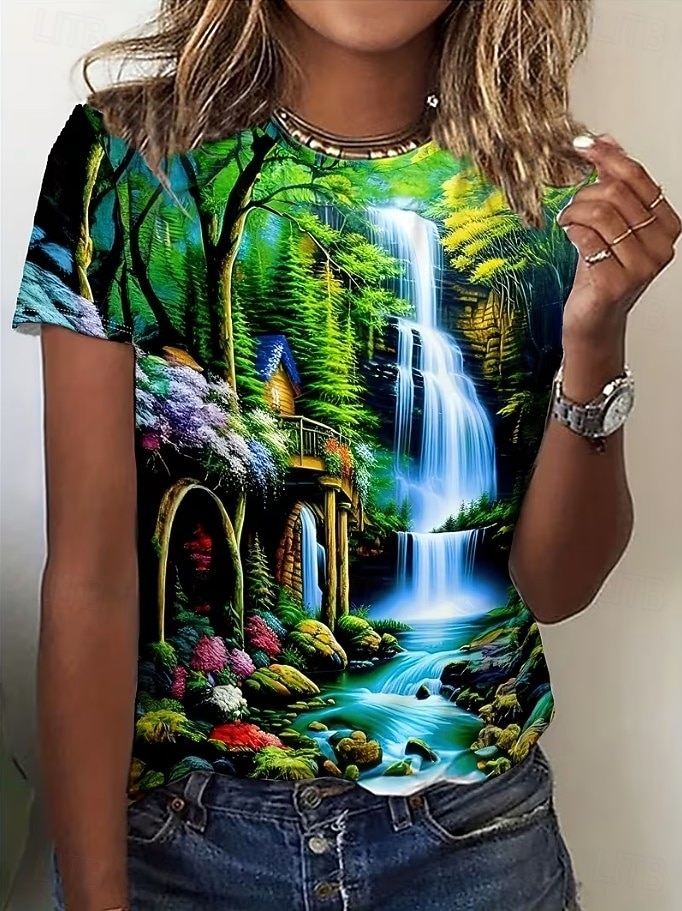 Dames T-shirt Afdrukken Grafisch Vintage Stijlvol Klassiek Korte mouw Strakke ronde hals Normale tops Dagelijks Weekend Donkergroen Paars Fuchsia Zomer Lente 2026 - $22.99 –P3