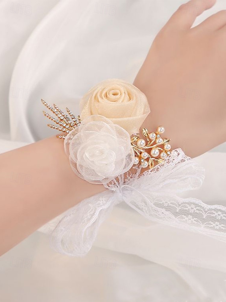 Conjunto de corsage feminino em poliéster para casamento, com flor de pulso para dama de honra em tons de champanhe e branco e boutonnière para padrinho, estilo elegante e romântico para cerimônias de casamento, noivado e eventos formais. de 2026 por $9.99 –P9
