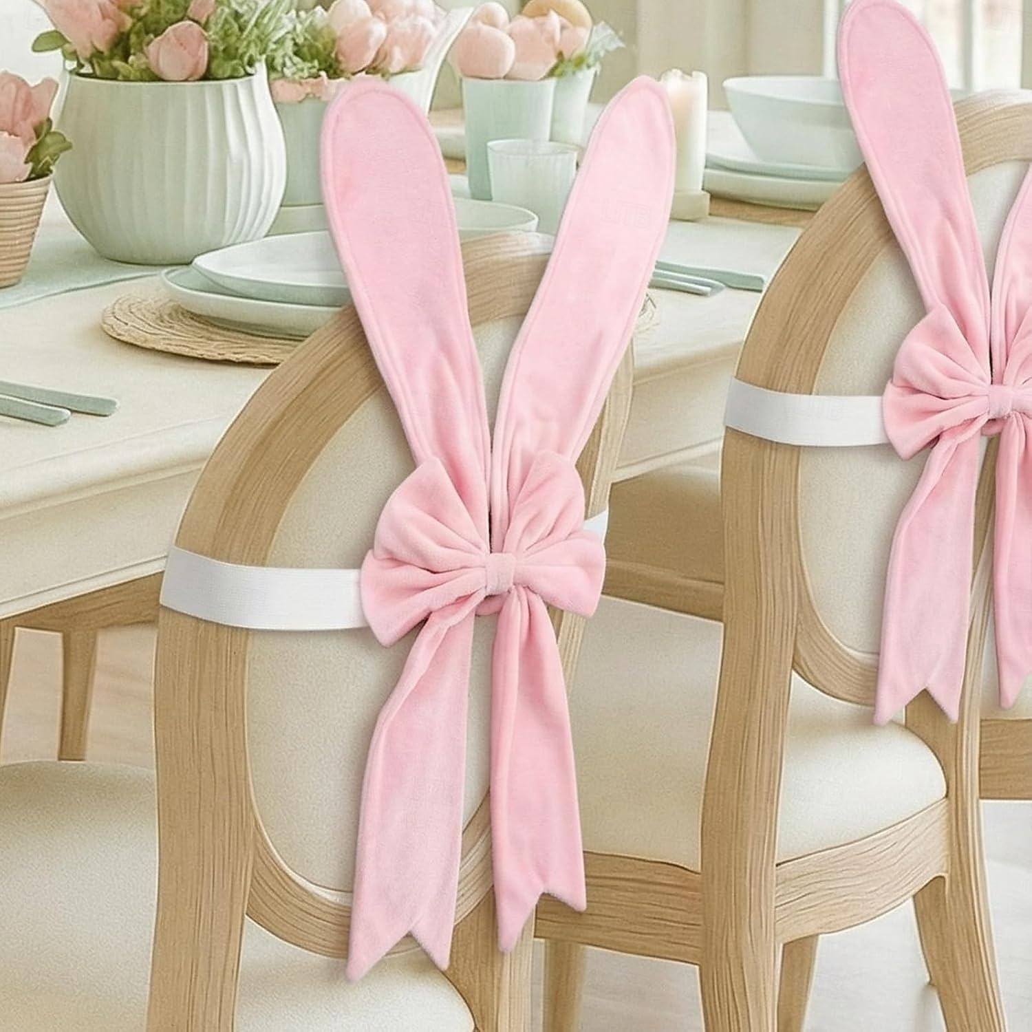 Påsk stolsöverdrag med kaninöron, söta rosa påskhare med rosett och ryggstöd, avtagbara stretchöverdrag för kaninstolar, perfekt för påskmatbord, restaurangfestdekor 2026 - $32.99 –P6