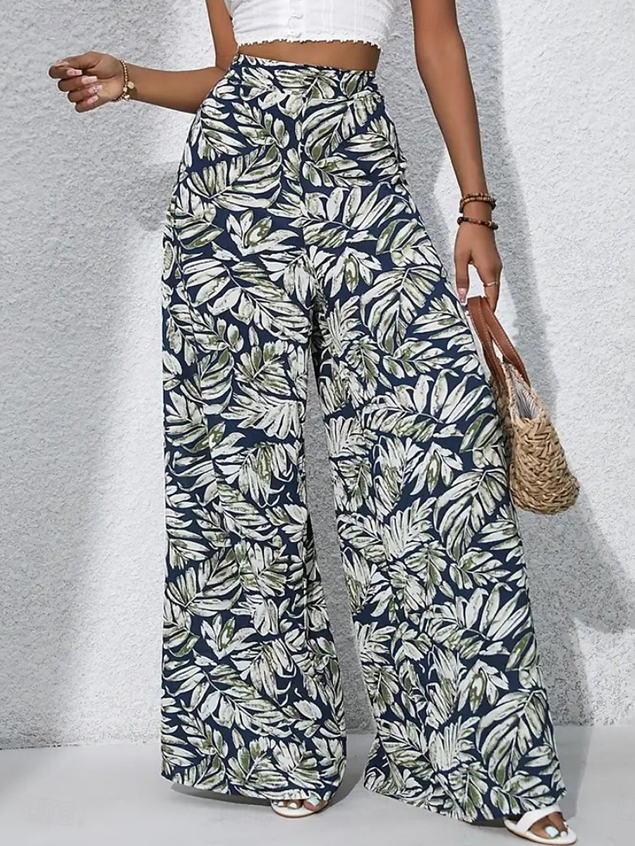 Damen Weite Hosenbeine Chinos Palazzo-Hose Urlaub Streetwear Basic Volle Länge Mittlere Taillenlinie Blumen Tropisch Elastischer Bund Drucken Bequem Unelastisch Täglich Outdoor Straße Blau Marineblau 2026 - $22.99 –P11