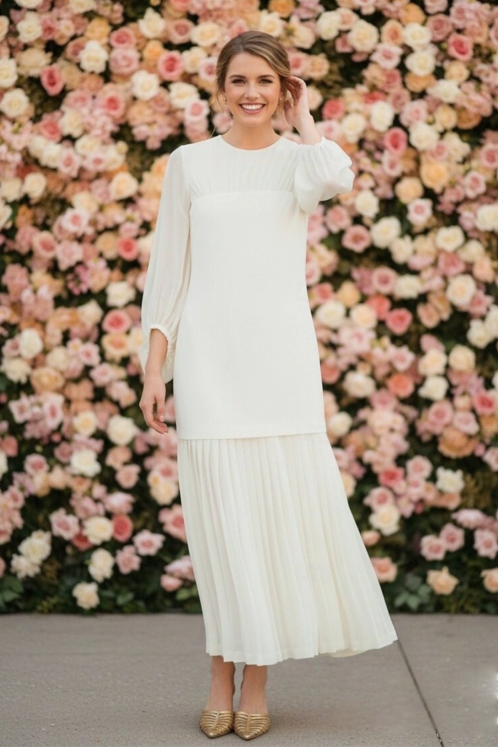 Tubinho Até o Tornozelo Vestido branco Vestidinho branco Vestidos para convidadas de casamento Elegante Manga Longa Gola Redonda Formal Convidado do casamento Chiffon com Pregas Franzido de 2026 por $137.99 –P1