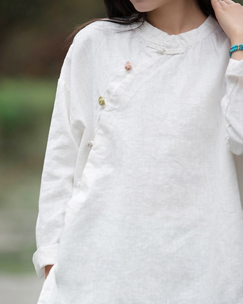 Camicia da donna a maniche lunghe con colletto alla coreana in lino biologico del 2026 a $45.99 –P12