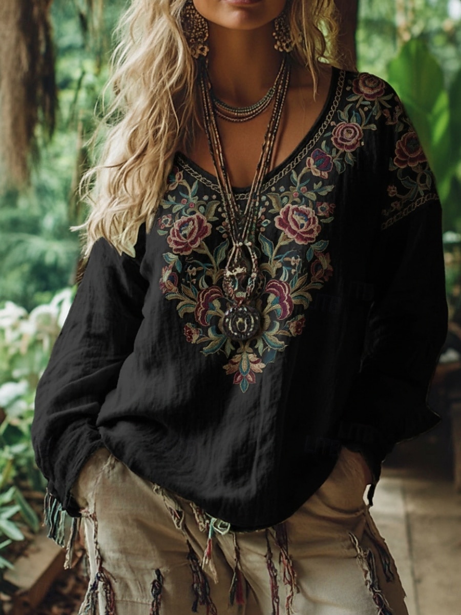 Mujer Camiseta bohemia Camiseta Camiseta superior Estampado Floral Vintage Étnico Casual Manga Larga Escote en Pico Tops regulares Diario Fin de semana Ropa de vacaciones Negro Rosa Primavera Otoño 2026 - $25.99 –P1