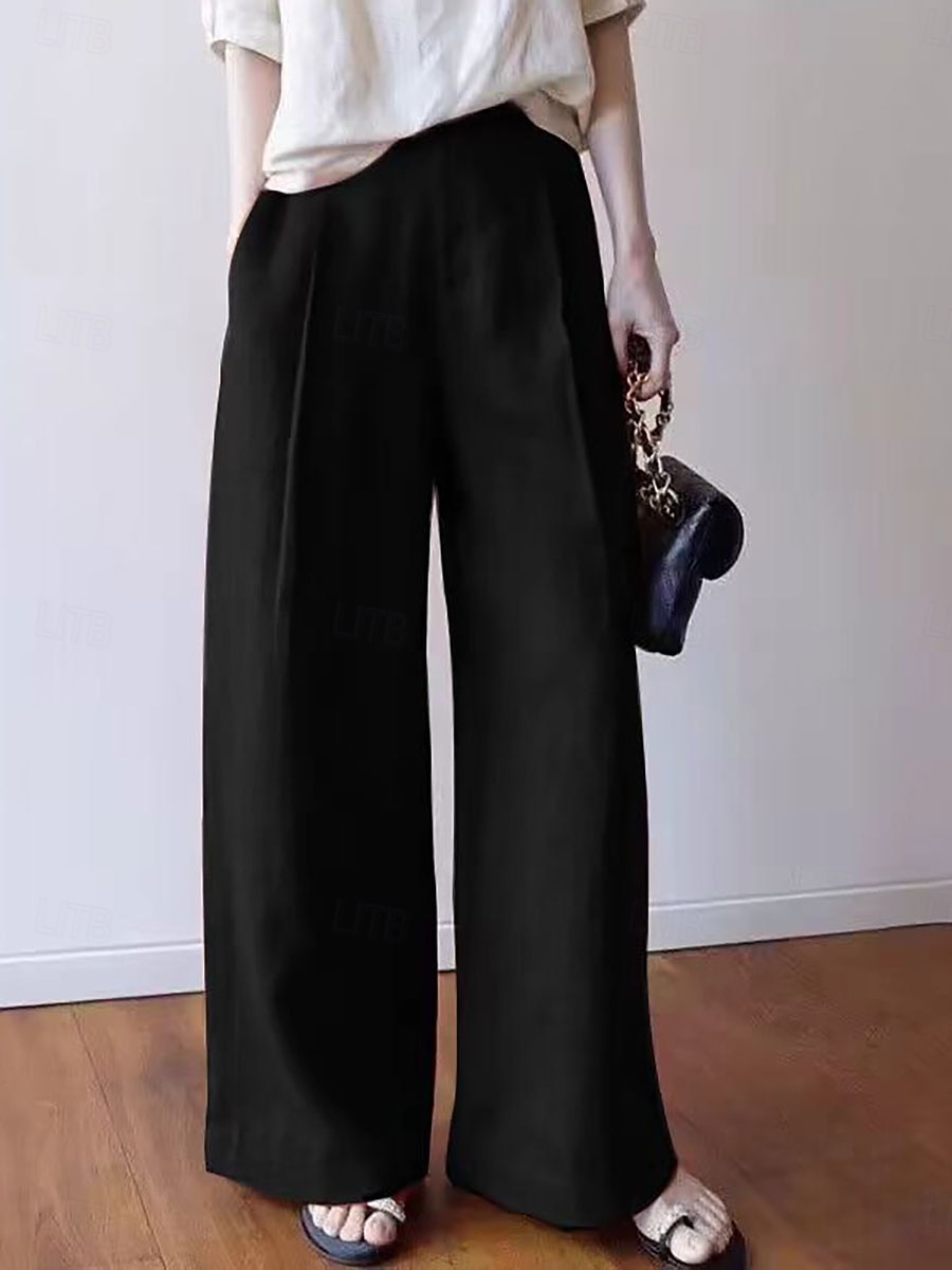Femmes Pantalon effet lin Jambe large Chinos Pantalon d'été Vacances Streetwear Occasionnel Longueur complète Taille moyenne Uni Avec Poches Confortable Confort Micro-Élastique Quotidien Extérieur de 2026 ? $32.99 –P2