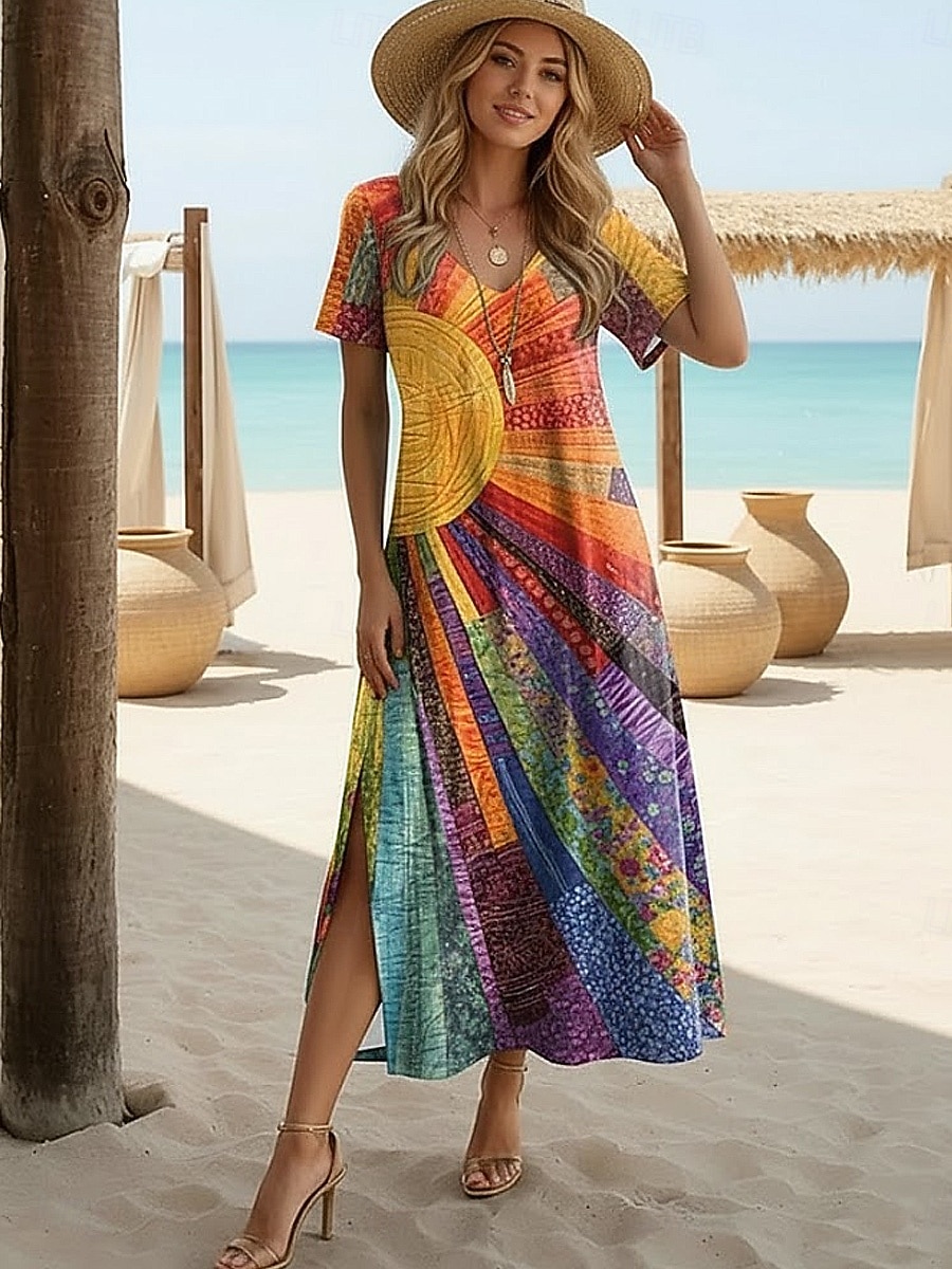 Damen Midikleid A Linie Kleid Lässig Täglich Normale Passform Blumen Abstrakt Kurzarm V Ausschnitt Schwarz Weiß Leicht Braun Orange Sommer Frühling 2026 - AU $18.1 –P3