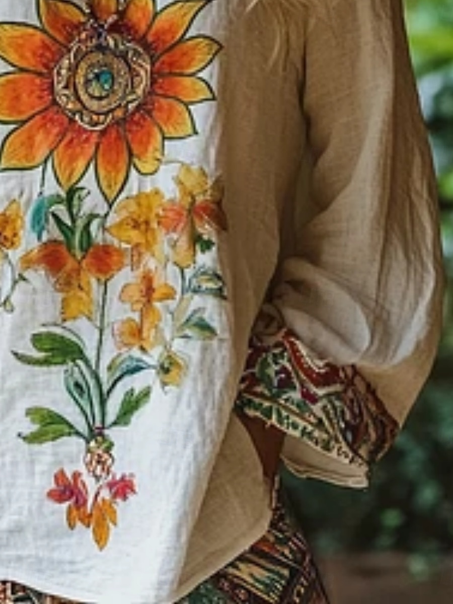 Dam Skjorta Boho skjorta Blus Mönster Blommig bohemliv Vintage Hawaiisk Långärmad Rund hals Vanliga toppar Dagligen Utekväll Standkläder Vit Sommar Vår Höst 2026 - $28.99 –P2