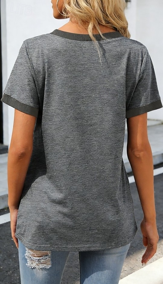 Dames T-shirt Lapwerk Zak Kleurenblok Effen Kleur Stijlvol Casual Korte mouw V-hals Lange tops Dagelijks Uitgaan Zwart Wit Rood Grijs Zomer Lente 2026 - $24.99 –P6