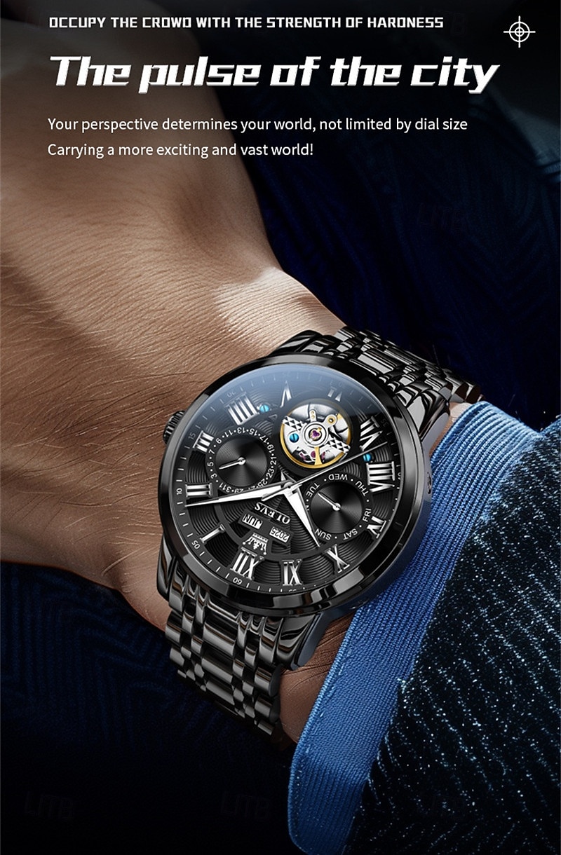 Новые мужские деловые часы Olevs с люминесцентным дисплеем, вечным календарем, календарем и отображением недели. Полностью механические часы с полым ротором для повседневного использования, 2026 - $97.99 –P18