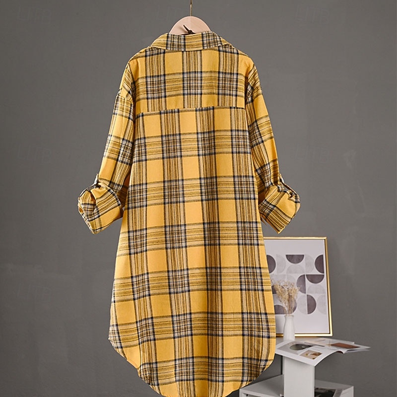 בגדי ריקוד נשים חולצה חולצות פשתן מכותנה כפתורים משובץ אלגנטית וינטאג' מסוגנן שרוול ארוך צווארון חולצה חולצות ארוכות יומי חגים ליציאה צהוב אודם תלתן קיץ אביב סתיו 2026 - $25.99 –P4