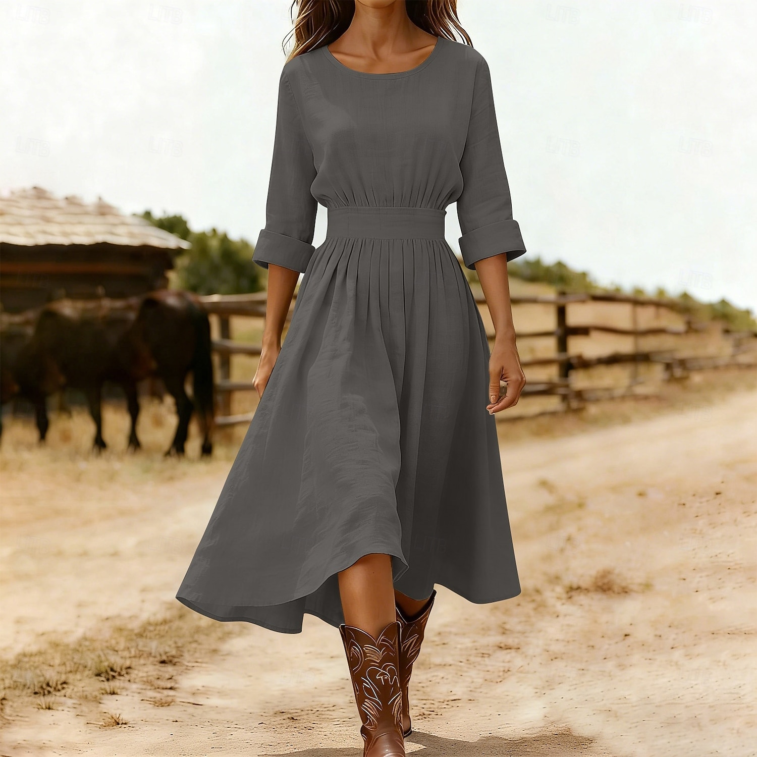 2026年 女性用 ミディドレス A ラインドレス 旅行度假风 カジュアル レギュラー 平織り 七分袖 クルーネック ブルー ブラック ピンク ネイビーブルー 夏 春 秋  コレクション – $33.99 –P6