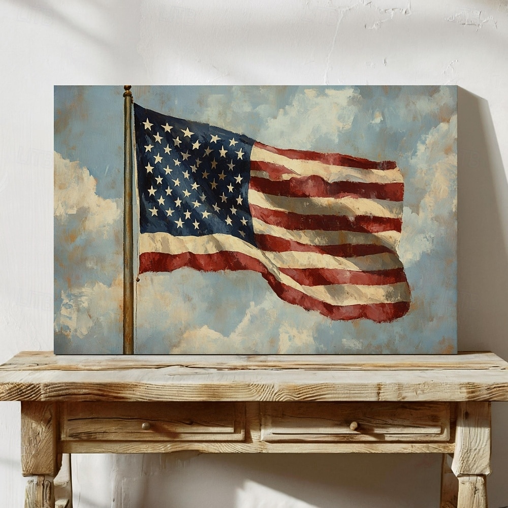 Arte en lienzo de la bandera estadounidense | Pintura patriótica de estrellas y franjas de EE.UU. con pinceladas rústicas | Decoración militar para el 4 de julio 2026 - $12.99 –P2