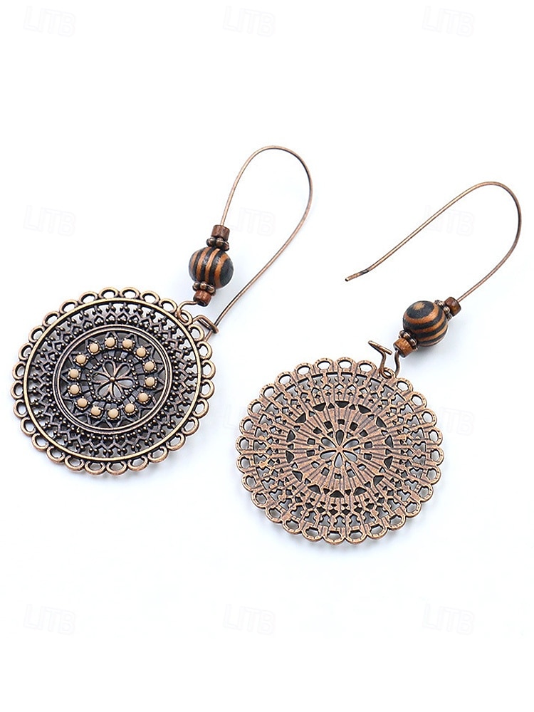 Női ötvözetből és fából készült kerek fülbevalók, vintage bohém mandala dizájn, könnyed, mutatós stílus, tökéletesek hétköznapi viseletre, tengerparti nyaraláshoz és nyári szettekhez 2026 - $7.99 –P6