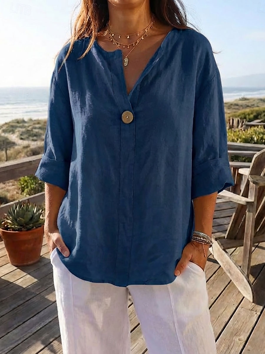 Women's Linen Shirts Blouse Patchwork Plain Stylish Modern Casual Long Sleeve V Neck Regular Tops Daily Holiday Going out Black White Navy Blue Orange Green Summer Spring 2026 - $23.99 –P5