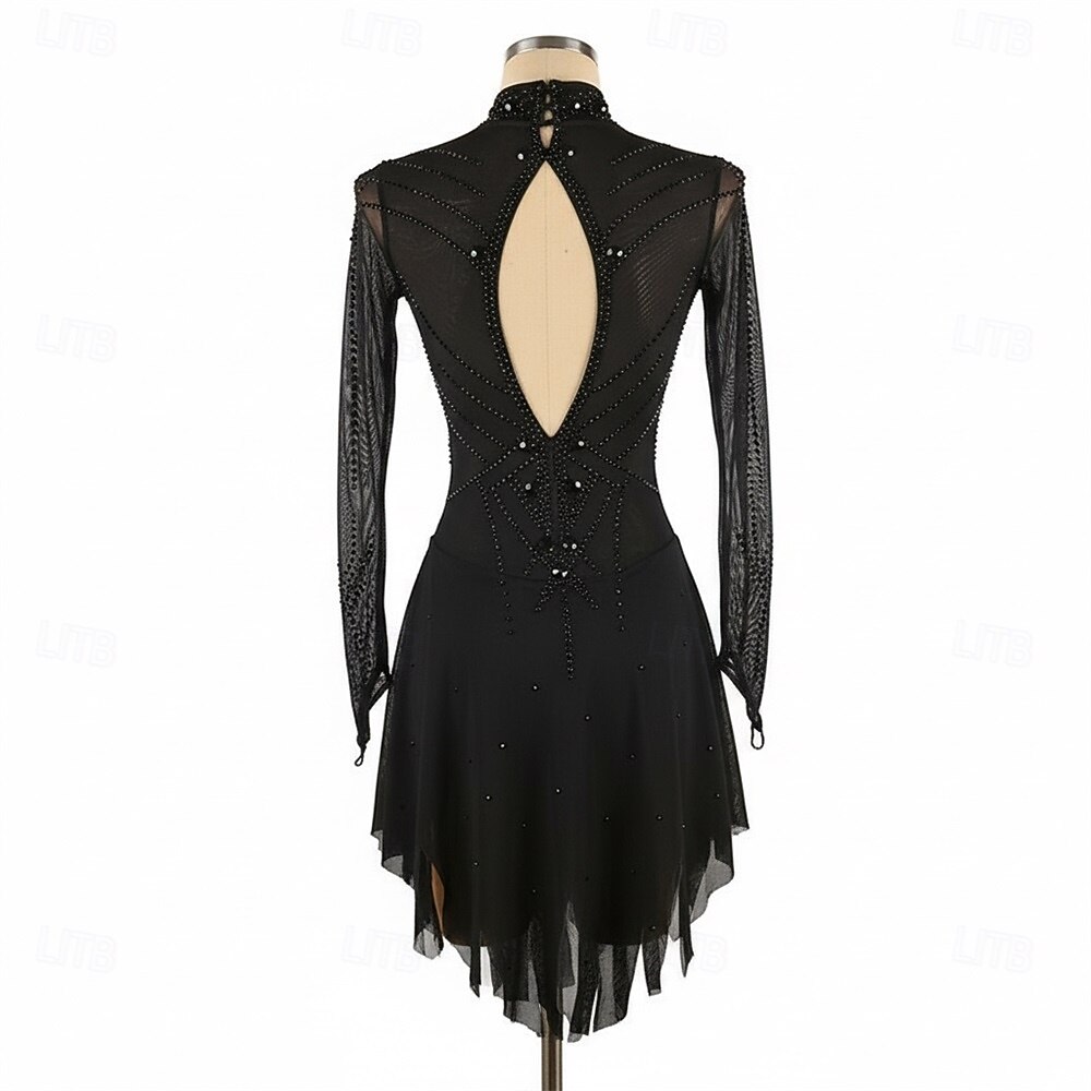 Abito da pattinaggio artistico Per donna Pattinaggio sul ghiaccio Vestito Nero Patchwork Schiena aperta Alta elasticità Allenamento Competizione Vestiti da pattinaggio sul ghiaccio Classico Cristallo del 2026 a $239.69 –P2