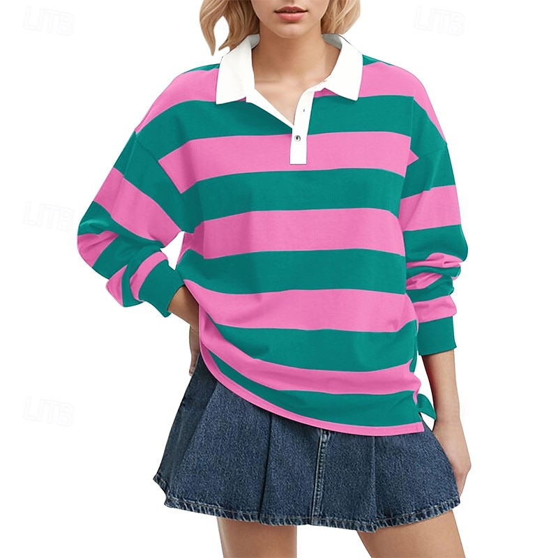 Women's T Shirt Tee Top Buttons Striped Fashion Stylish Classic Long Sleeve Shirt Collar Regular Tops Daily Going out Weekend White Yellow Pink Red Red White Spring Fall 2026 - $32.99 –P1