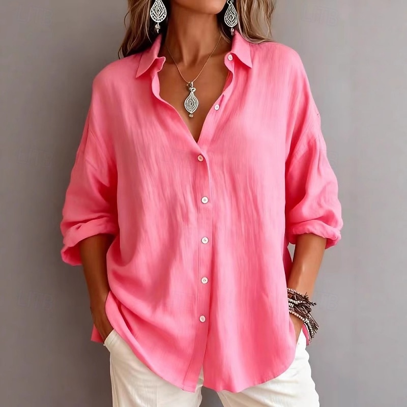 camicie da donna in cotone camicia con bottoni camicetta tinta unita vintage elegante moderna camicia a maniche lunghe colletto top regolare quotidiano vacanza uscire blu bianco giallo rosa rosa grigio primavera autunno del 2026 a $24.99 –P2