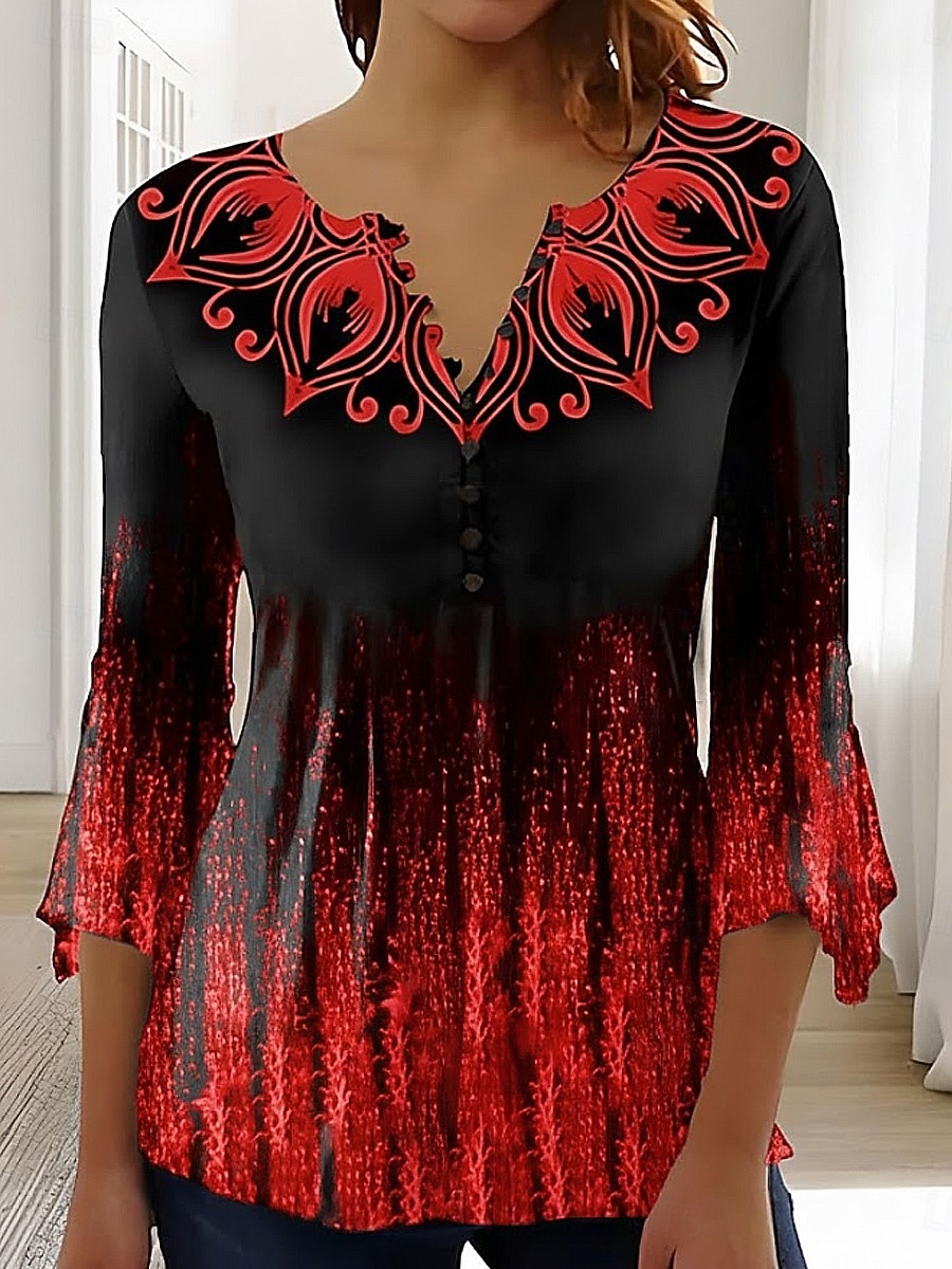 Women's T-Shirt  Ombre Floral Graphic Elegant Vintage Stylish 3/4 Length Sleeve V Neck Regular Tops Daily Going out Buttons Blue Pink Red Green Summer Spring 2026 - $26.99 –P2