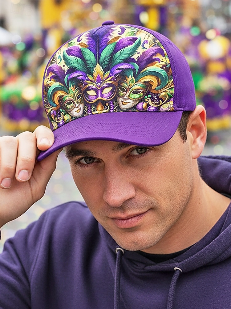 Gorra de béisbol de poliéster para hombre con estampado de máscara de Mardi Gras, ajuste ajustable, varios colores, ideal para carnaval, festivales y atuendos casuales. 2026 - $14.99 –P3
