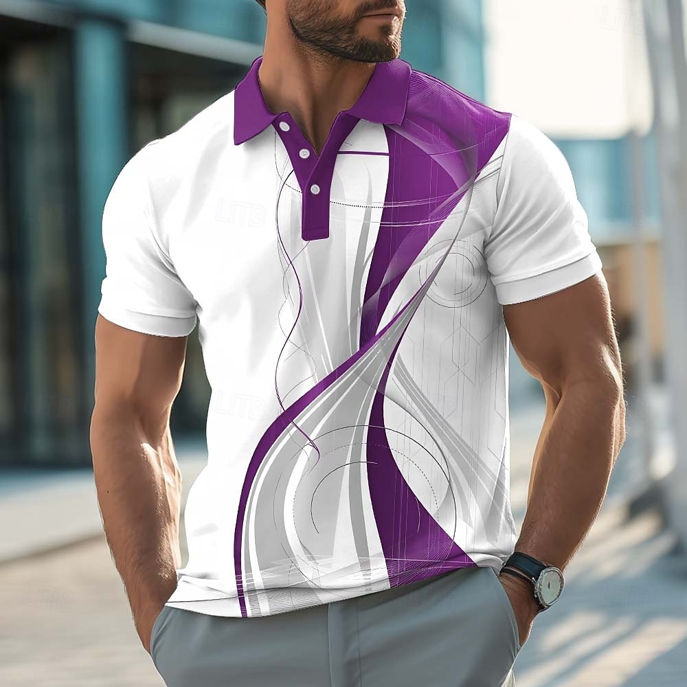Men's Geometric Line Polo Shirts Short Sleeve Polo Shirts Collared Shirts Casual Athleisure Buttons Summer Spring Blue Red Purple 2026 - $21.99 –P4