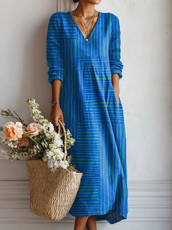 Women's Midi Dress Linen Like Sundress A Line Dress Vacation Casual Boho Holiday Loose Fit Graphic Geometric Color Block Long Sleeve V Neck Blue Orange Summer Spring 2026 - $43.99 –P2