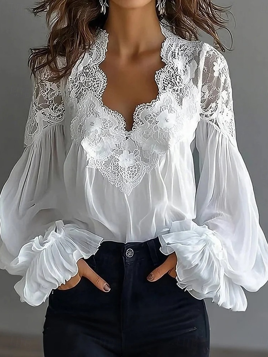 Dames Kanten overhemd Blouse Kant Lapwerk Effen Kleur Elegant Stijlvol Basic Lange mouw V-hals Normale tops Dagelijks Uitgaan Zwart Wit Zomer Lente Herfst 2026 - $36.99 –P1